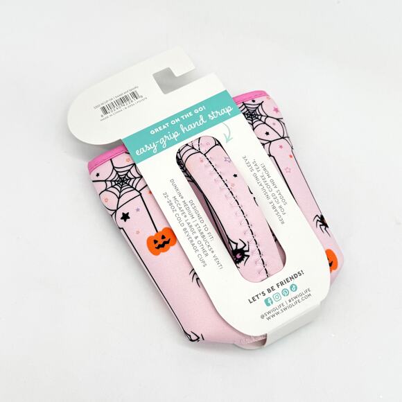 Swig Life Sweet & Spooky Pink Bats Spiders Medium Iced Coffee Drink Coolie NEW - Picture 6 of 7